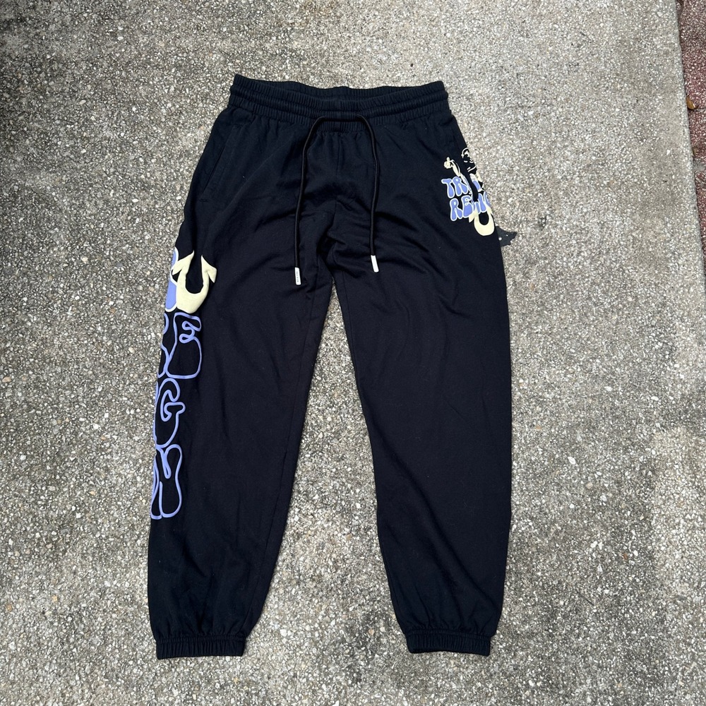 True Religion Mens Graphic Logo Sweatpants Black Purple Buddha Joggers Size S